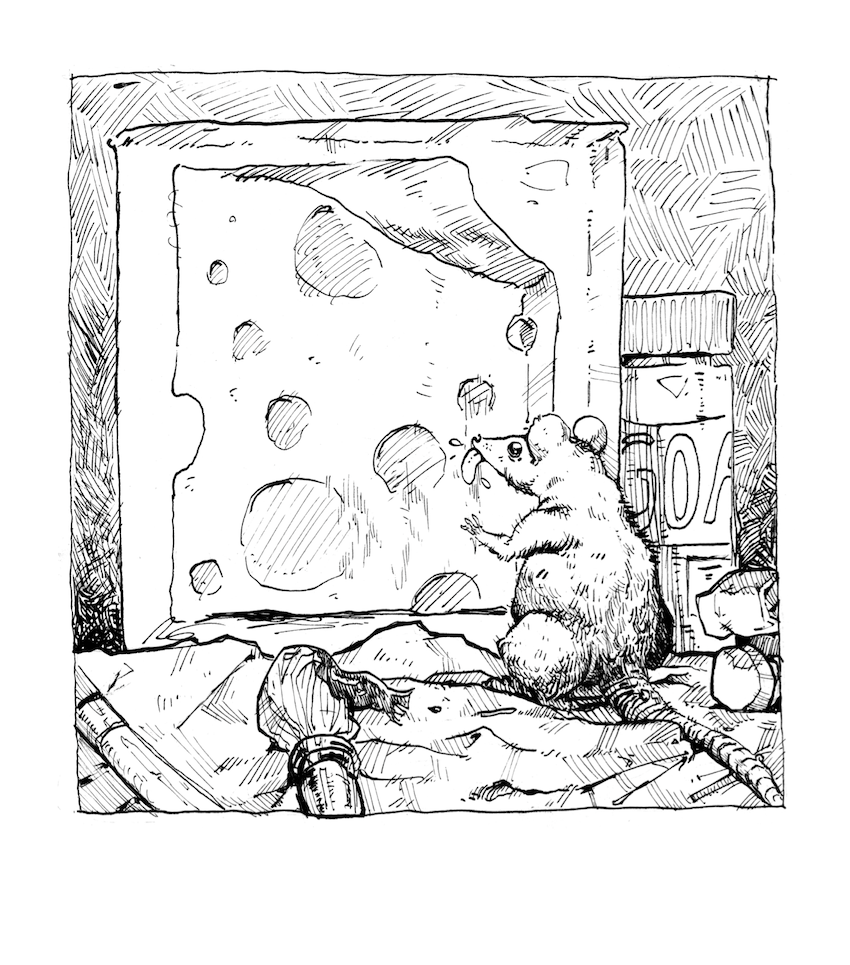 B&W illustration of a rat with cheese