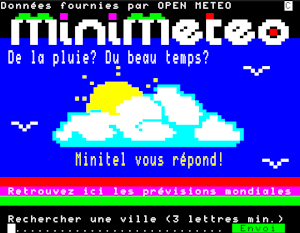 Screenshot of minitel service interface in french, called minimeteo, used for the weather