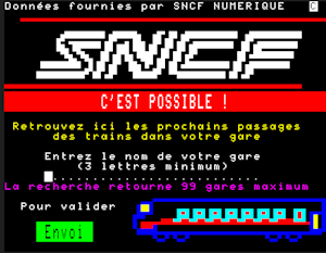 Screenshot of minitel service interface in french, called sncf, used for transit