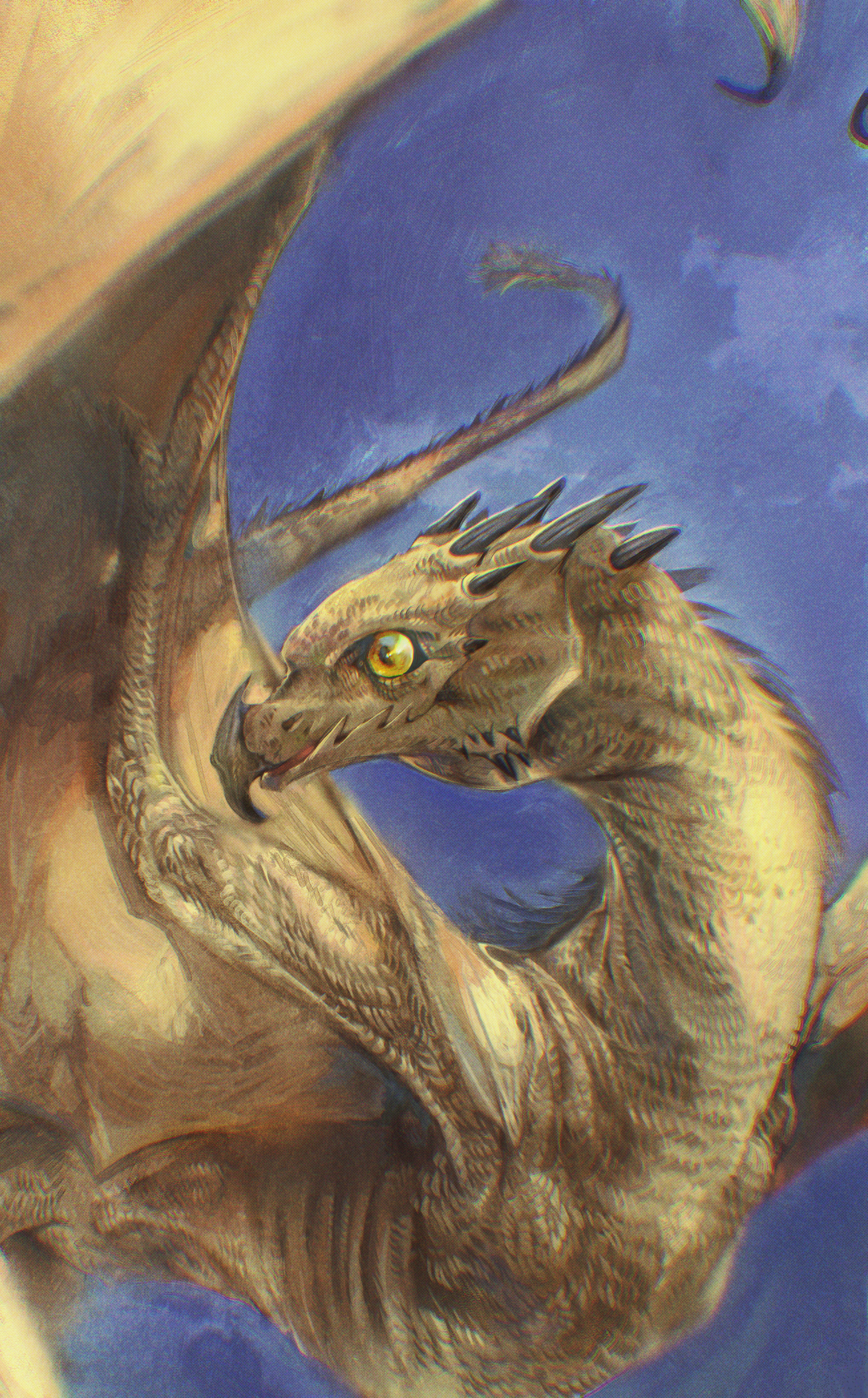 Illustration of a golden dragon and a blue background